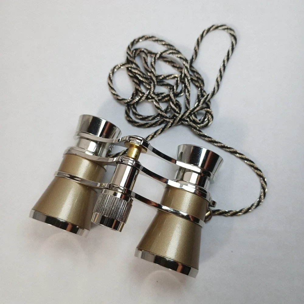 Opera Theater Glass Binocular 3X25 Golden Silver with Metal Chain Steampunk